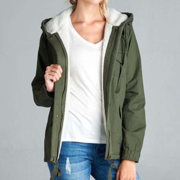 Army Green Sherpa Lined Utility Jacket - Picture 2 of 4